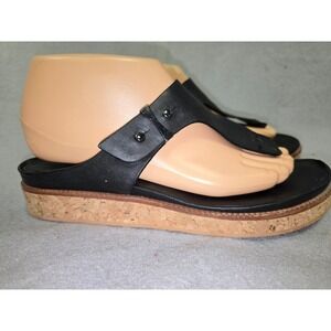Naked Feet Black Leather Thong Wedge Cork Sandals Women Boho US 7.5M